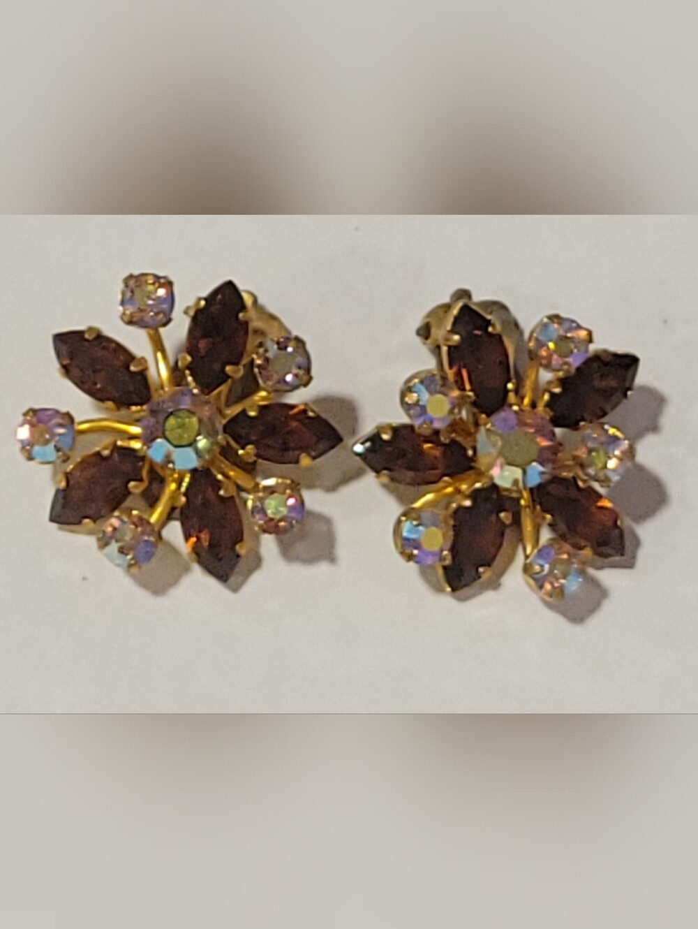Gold-Tone Brown Crystal Floral Clip Earrings